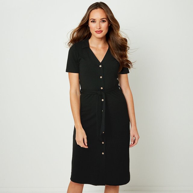 Buttoned knee-length dress with tie-waist and short sleeves , black ...