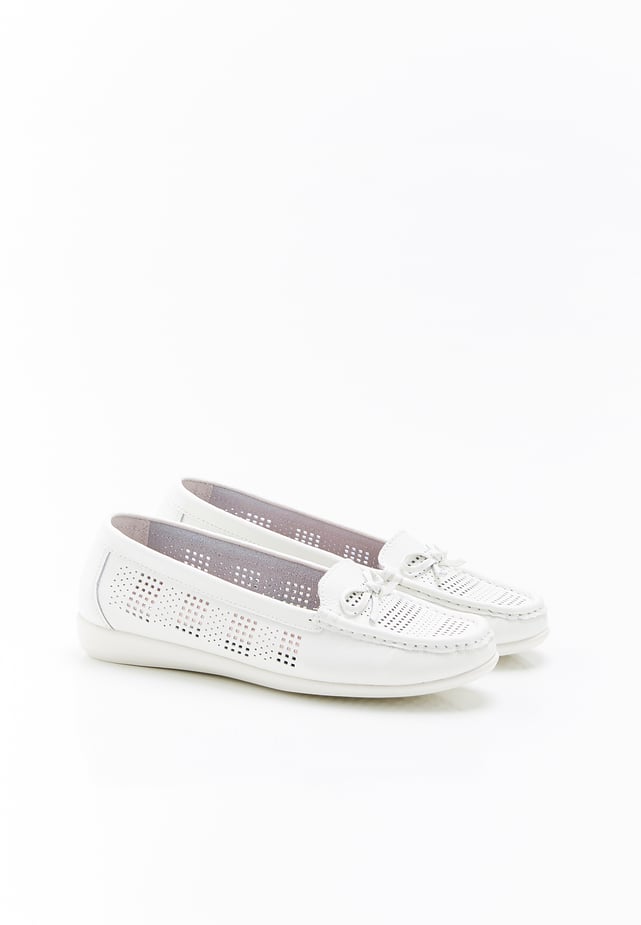 Mocassins Damart Chaînette Argentée – Blanc Cassé, Cuir Mouton, Semelle élastomère – Talon Bas, Confortables – Du 36 Au 41