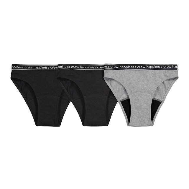 Pack of 3 period briefs in cotton, medium flow, black + grey, La