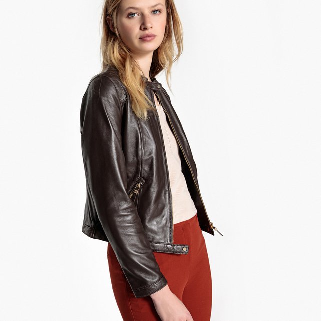 Leather bomber jacket with pockets , chocolate, La Redoute Collections ...