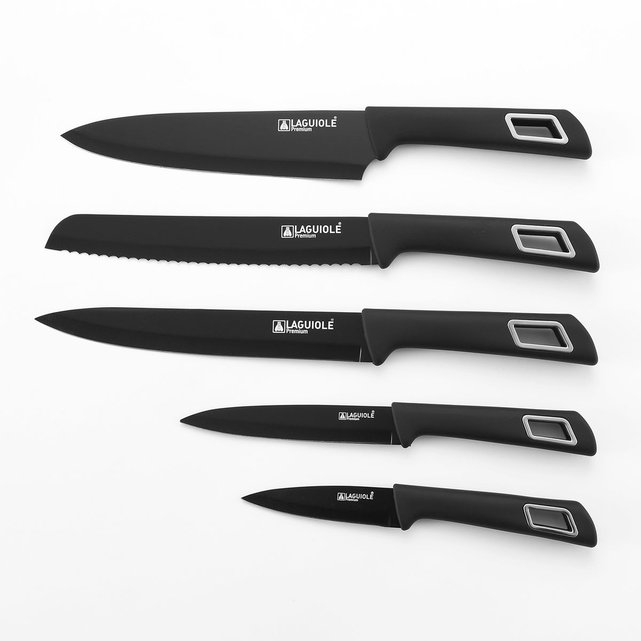 bloc 5 couteaux cuisine pryms noir manche en bois gris décoré