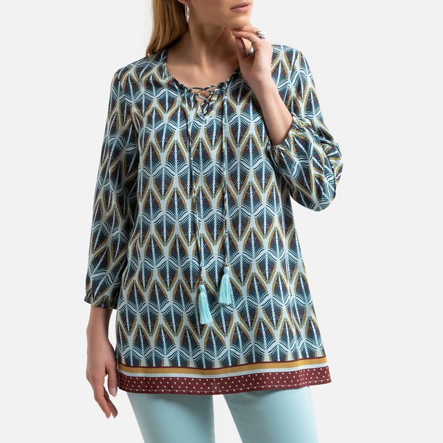 Tribal Print Blouse With V Neck And 3 4 Length Sleeves Ethnic Print Anne Weyburn La Redoute