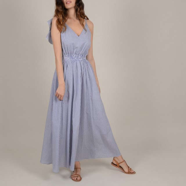 Long shoestring strap dress with ruffled open back , blue, Molly ...