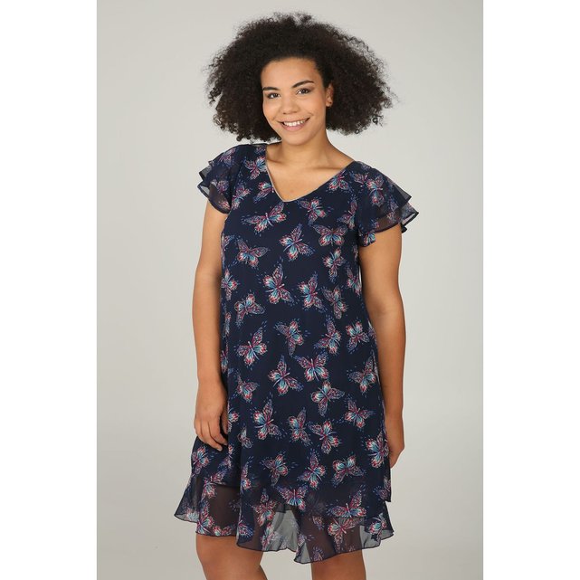 Courtes Robe V Papillons En Et Imprimé Perles Voile Col Manches VUqLSzMpG