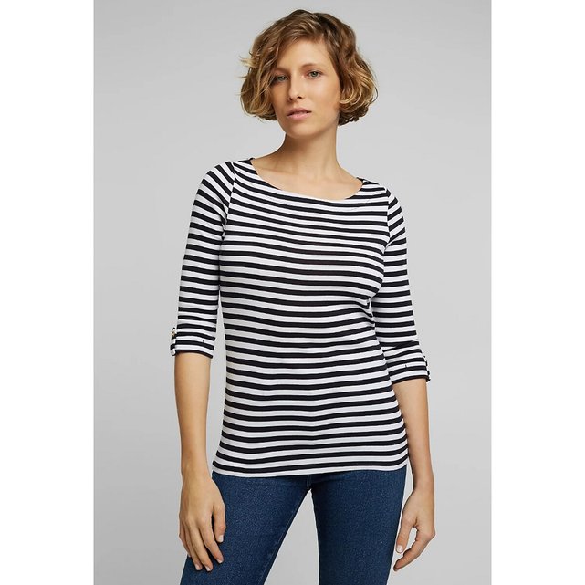 Breton striped cotton t-shirt with boat neck and 3/4 length sleeves ...