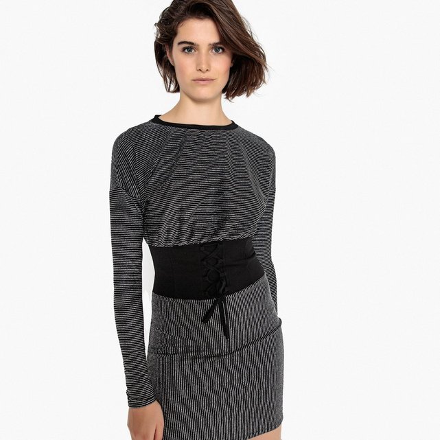 Robe moulante, courte, manches longues noir/argent La ...