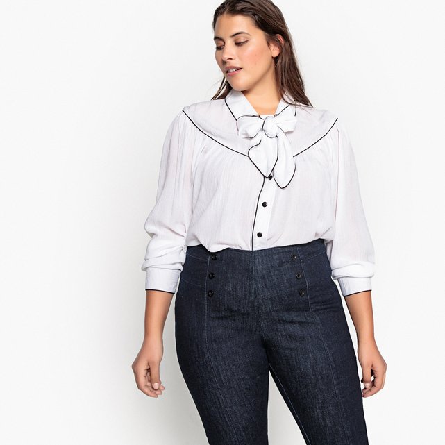 Pussy bow shirt , white + black, Castaluna Plus Size | La Redoute