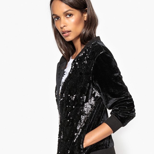 Image Velour Bomber Jacket with Sequin Pattern La Redoute Collections
