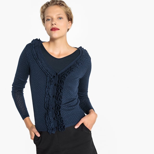 Strickjacke Mit V Ausschnitt Ajourstrick Volants Marine La