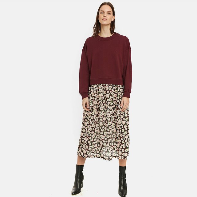 Robe 2 en 1, sweat et jupe fleuri midi bordeaux Compania ...