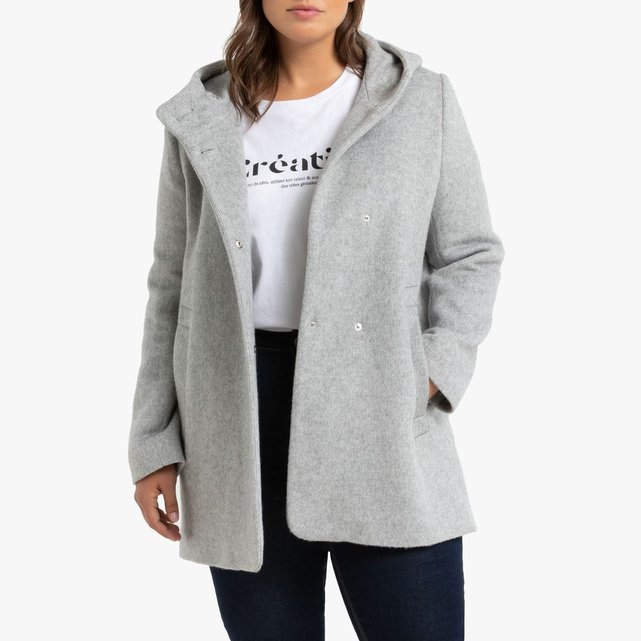 Manteau mi long à capuche, fermeture pressionnée gris chiné Manteau mi long femme gris | La Redoute