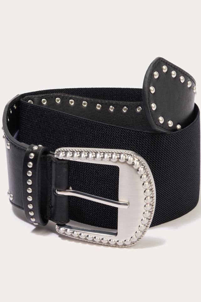 Ceinture En Cuir Véritable CACHE Noire - Taille L - Boucle Cloutée Ornée De Pierres - Occasion