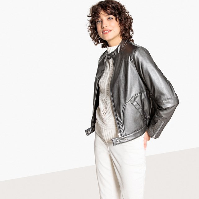 Metallic Faux Leather Er Jacket Silver Coloured La Redoute Metallic Faux Leather Er Jacket La Redoute Collections Image 0