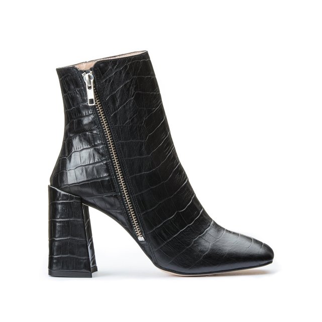 Mock croc leather boots with heel black 