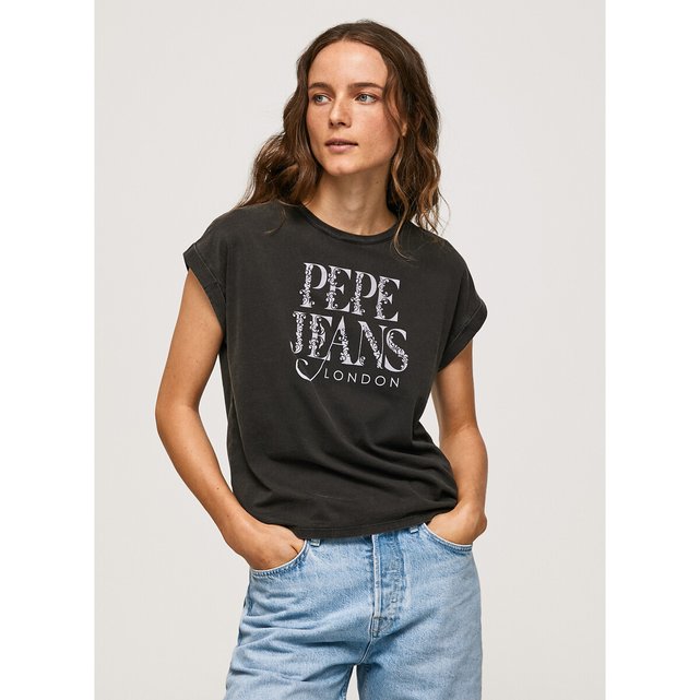 Logo print cotton t shirt with short sleeves and crew neck