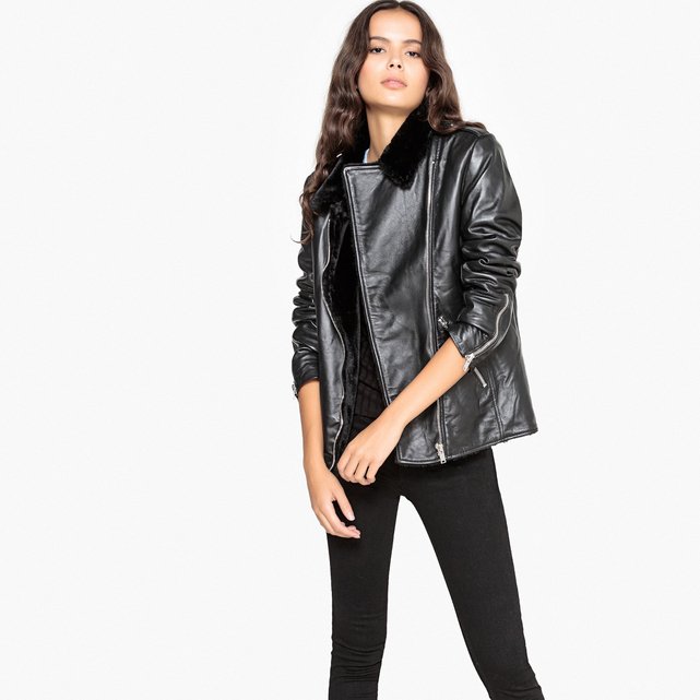 Faux Fur Lined Leather Biker Jacket Black La Redoute Collections Faux Fur Lined Leather Biker Jacket La Redoute Collections Image 0