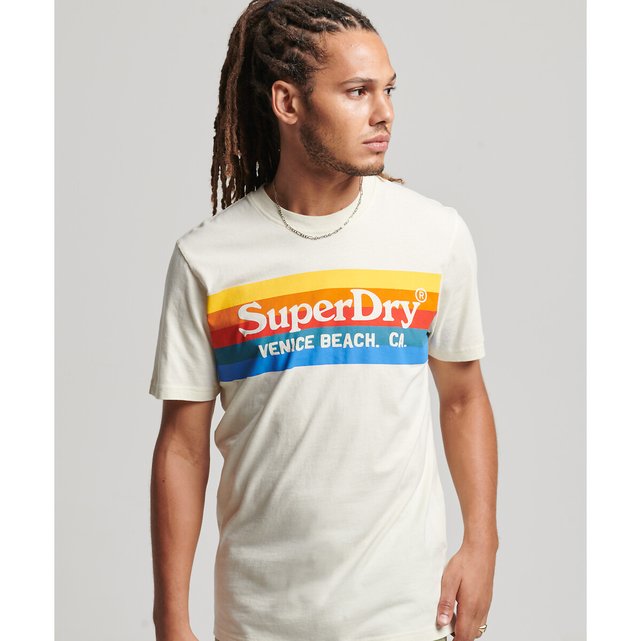 Logo print cotton t-shirt and Redoute | La sleeves neck beige crew Superdry short with