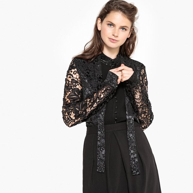 Bluse Mit Schleifenkragen Strukturgewebe Und Spitze Schwarz La Redoute Collections La Redoute