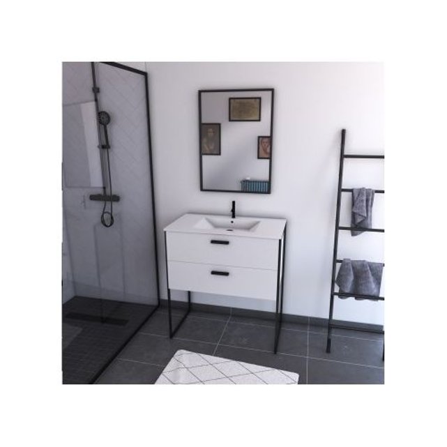 Pack Meuble Miroir Cadre Laque Noir Mat Vasque Ceramique Home