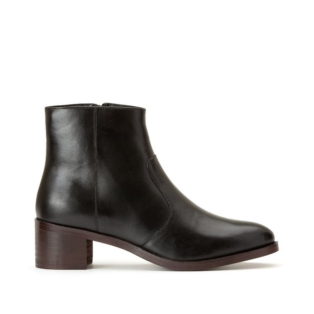 Boots En Cuir, à Talon Large Noir La Redoute Collections | La Redoute