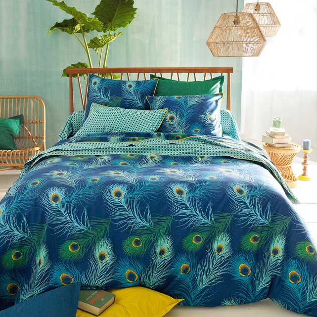 Shakhra Peacock Print Cotton Percale Duvet Cover Blue Green