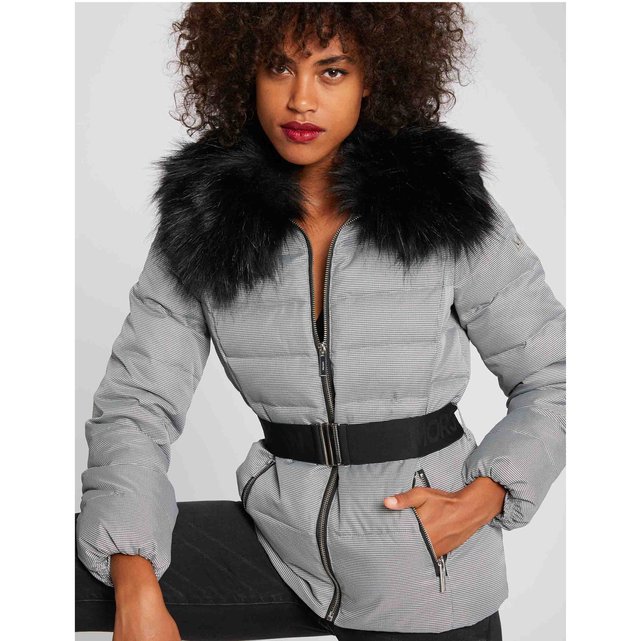 padded jacket with belt and fur hood