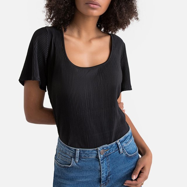 Tshirt plissé col rond, décolleté dos noir La Redoute Collections La Redoute