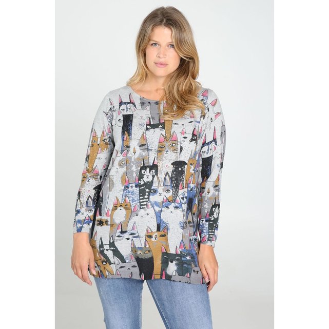 Pull Tunique Imprimes Chats Col Rond Manches Longues Gris Paprika La Redoute