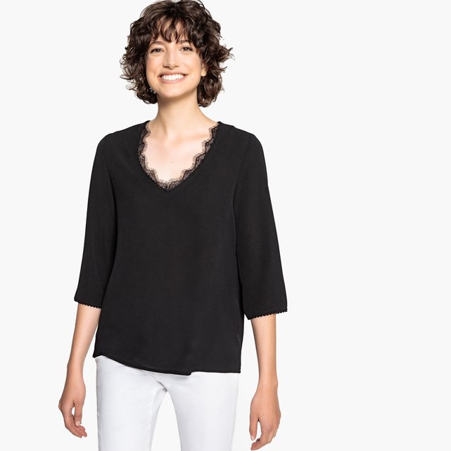 Blouse col v dentelle, manches 3/4 noir La Redoute ...