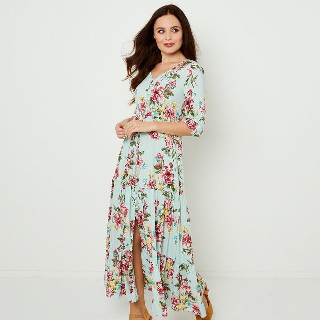 Smocked floral print maxi dress with buttoned v-neck and long sleeves ...