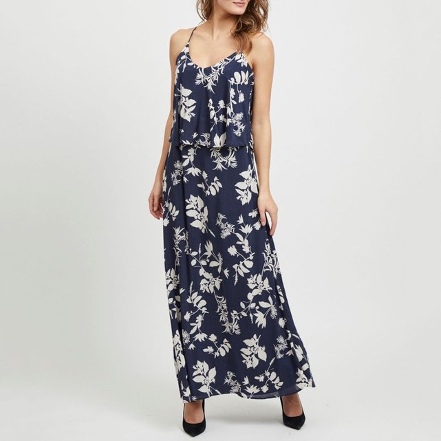 Imprimé Vibirdo Longue Bleu Fond Robe Bretelles ImpriméeFines rCtshdQ