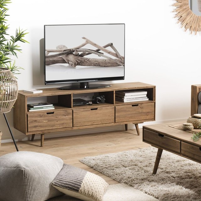 meuble tv en bois de sapin gris 120 cm 3 tiroirs style scandinave lima