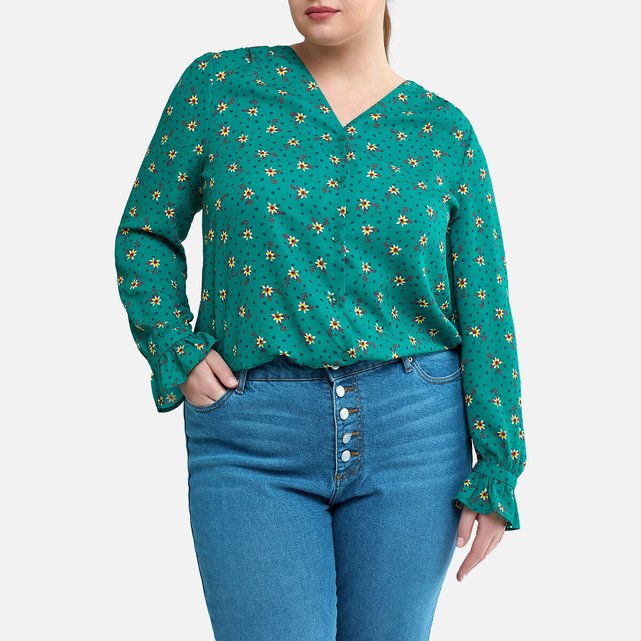 Cotton V Neck Blouse With Long Sleeves Print On Green Background La Redoute Collections Plus La Redoute