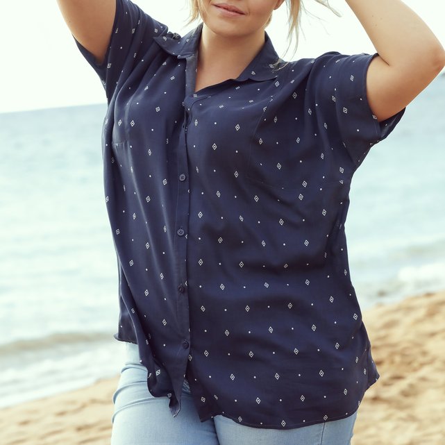 Tribal Print Short Sleeved Blouse Navy Ulla Popken La Redoute