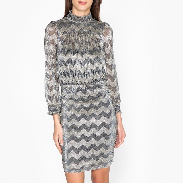 Robe droite graphique, courte, manches longues gris / or ...