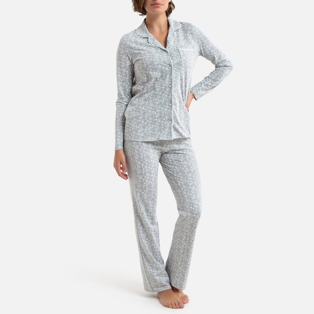 Pyjama forme grandpère en jersey imprimé floral gris/blanc Anne
