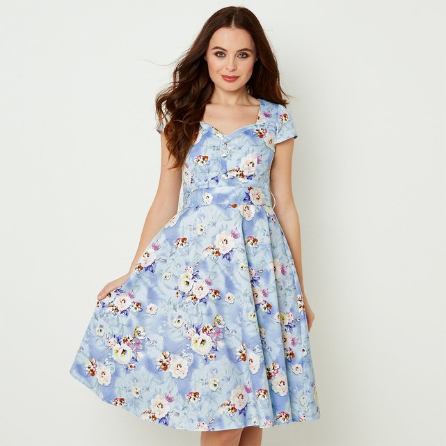 Button Through Flared Midi Dress In Floral Print Cotton Blue Print