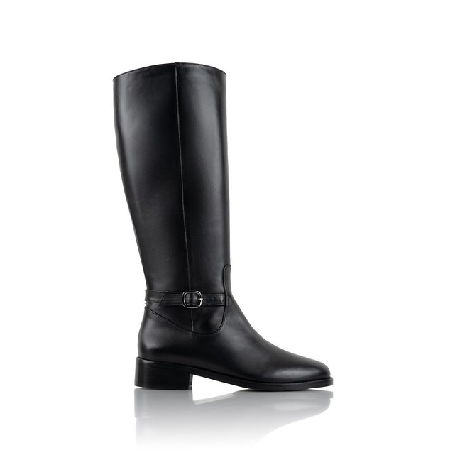 black leather knee high low heel boots