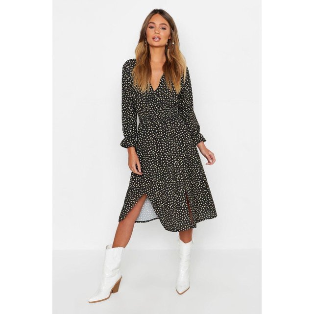 Robe droite longueur genou col v manches longues noir Boohoo | La Redoute