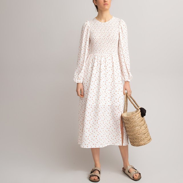 smocked midi dress