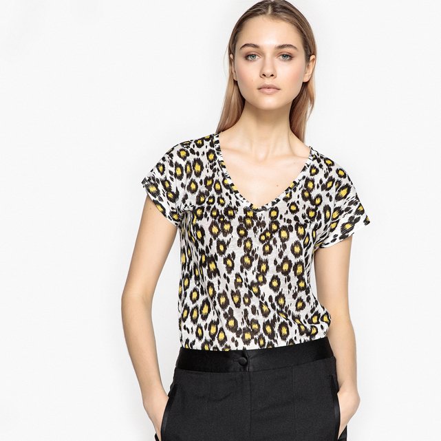 T-shirt com decote em V, mangas curtas, estampado leopardo  LA REDOUTE COLLECTIONS image 0