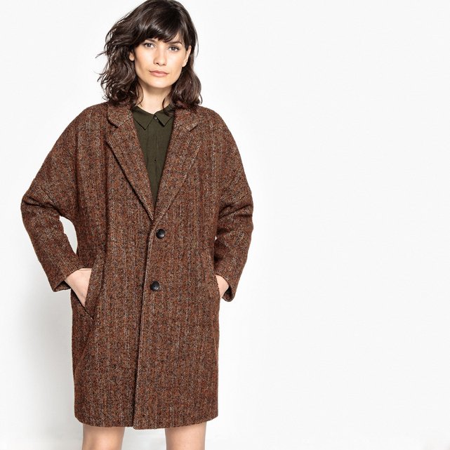 Tweed effect wool blend boyfriend coat, rust / brown, See U Soon ...