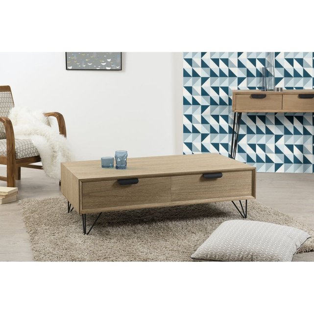 Table Basse Scandinave Retro Bois Naturel 4 Tiroirs De Rangement