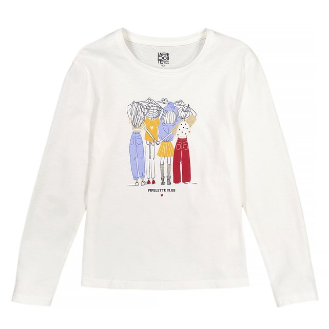 Cotton girls' club t-shirt with long sleeves, ecru, La Redoute