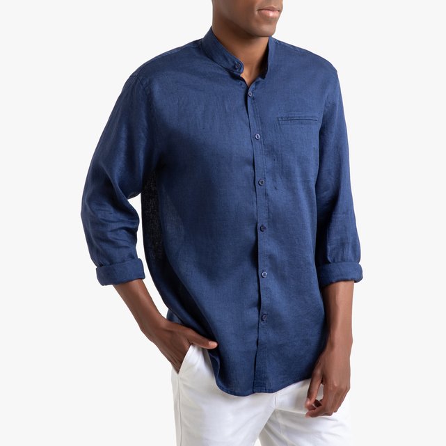 Regular Fit Linen Shirt With Mandarin Collar Navy Blue La Redoute Collections La Redoute