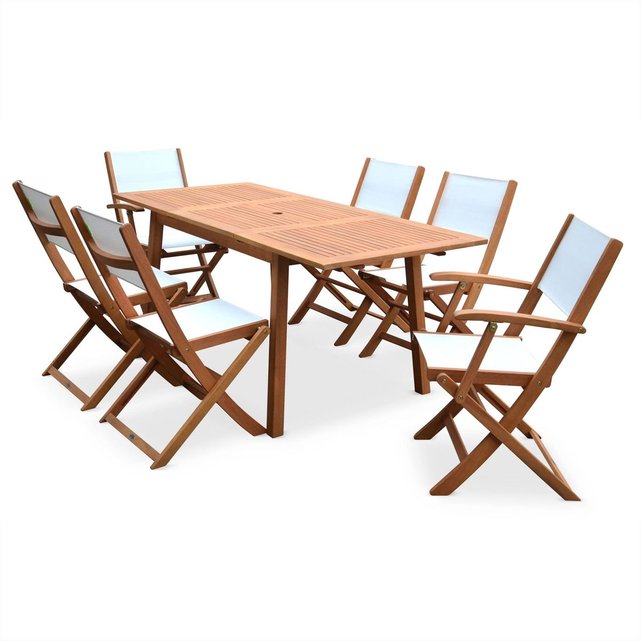 Salon de jardin en bois almeria, table 120-180cm rectangulaire, 2 ... Salon de jardin en bois almeria, table 120-180cm rectangulaire, 2 ...