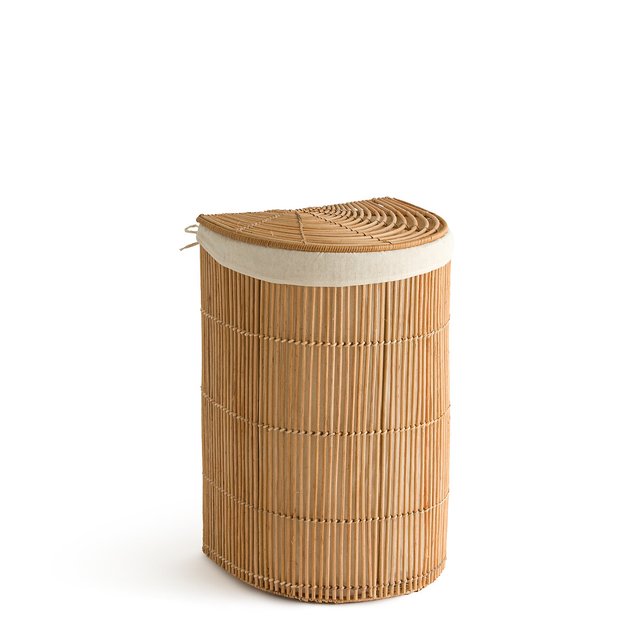 Cesto portabiancheria rettangolare in legno di bamboo e tessuto beige