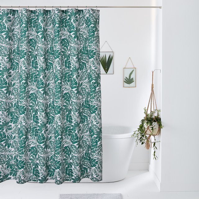 Ficus Patterned Shower Curtain White, Leaf Print Shower Curtain Blue