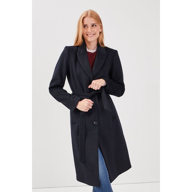 Manteau droit ceinturé bleu foncé Bonobo | La Redoute Manteau en laine avec ceinture bleu nuit Mango | La Redoute