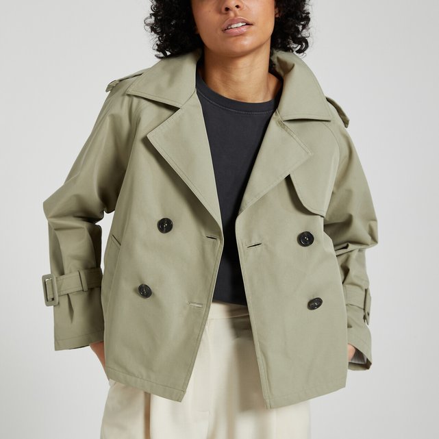 Margot short double-breasted trench coat in cotton, dark khaki 